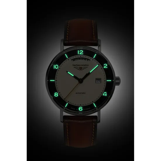 Bauhaus Aviation Automatikuhr beige schwarz mit braunem Lederband 2462-2