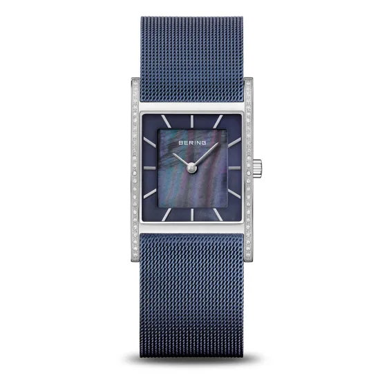 BERING Damenuhr eckig blau mit Milanaiseband und Zirkonias 10426-397-S