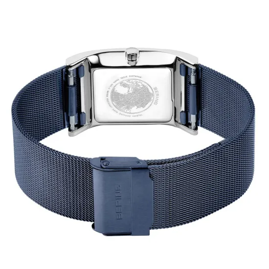 BERING Damenuhr eckig blau mit Milanaiseband und Zirkonias 10426-397-S