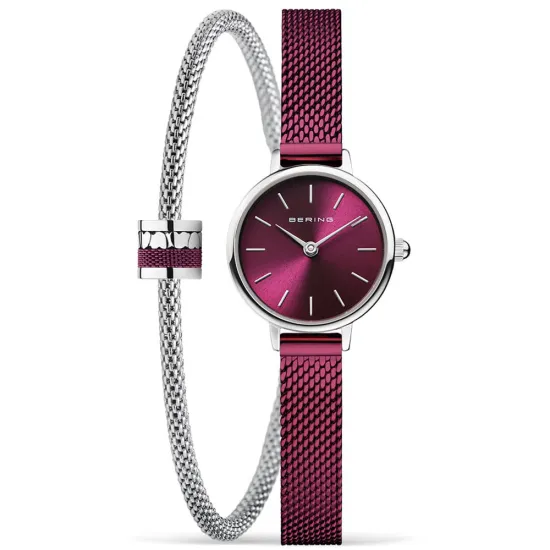 BERING Gift Set Edelstahl Uhr lila und Mesharmband silberfarben mit Charm 19cm