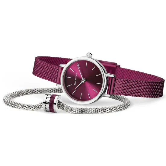 BERING Gift Set Edelstahl Uhr lila und Mesharmband silberfarben mit Charm 19cm