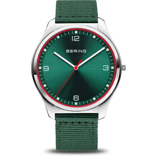 BERING Herrenuhr rund silberfarben poliert grün mit Textilband 18342-508