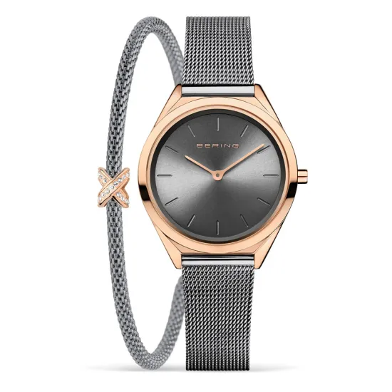 BERING Set Uhr mit grauem Milanaiseband Armband Infinity rosegoldfarben grau 17031-369-GWP210