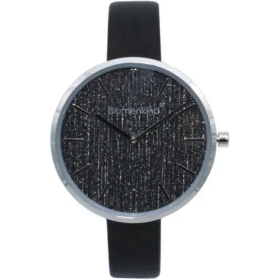 blumenkind Damenuhr silberfarben mit schwarzem Lederband