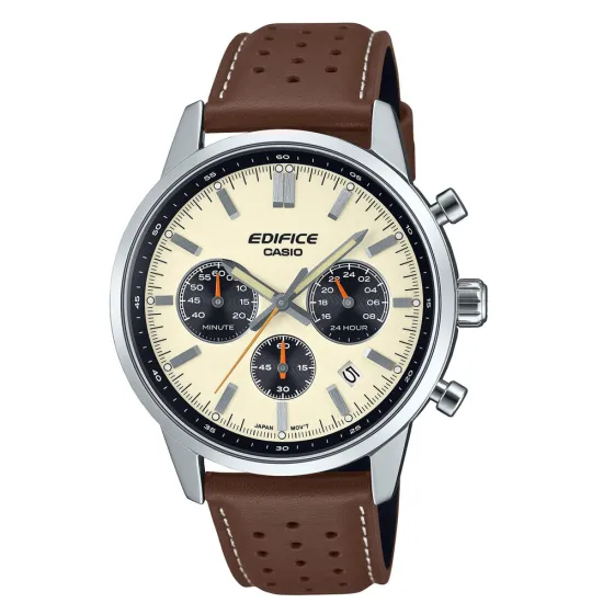 Casio Edifice Chronograph Edelstahl Zifferblatt beige Lederband braun EFR-575-7AEF