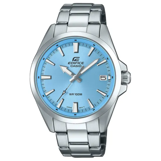 Casio Edifice Herrenuhr silberfarben mit Gliederband Zifferblatt hellblau EFV-100D-2BVUEF