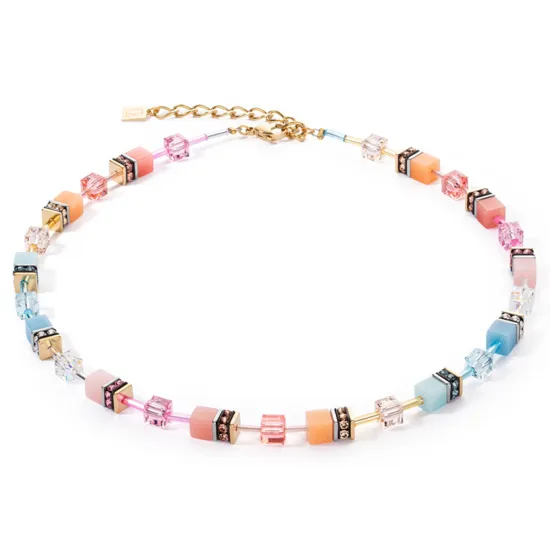 Coeur de Lion GeoCube Halskette Edelstahl goldfarben aqua apricot 2838/10-2028