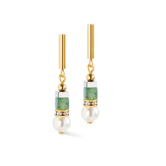 Coeur de Lion Ohrringe GeoCube Pearl Edelstahl goldfarben grün weiss 4354/21-0500