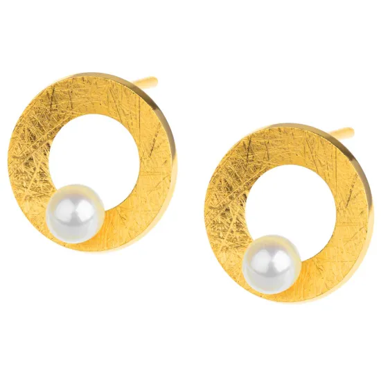 Ernstes Design Ohrstecker Edelstahl goldfarben matt poliert gekratzt mit Perle E620