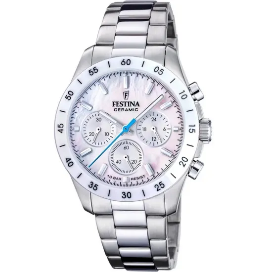 Festina Chrono Armbanduhr mit Ceramic Lünette silberfarben Perlmutt weiss F20693/1