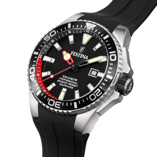 Festina Herrenuhr Diver silberfarben schwarz mit Silikonband F20664/3