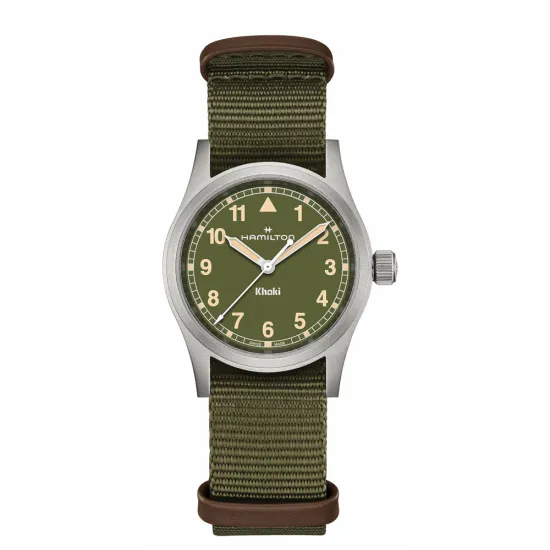 HAMILTON Armbanduhr Khaki Field 33 mm silberfarben Textilband olivegrün H69301960