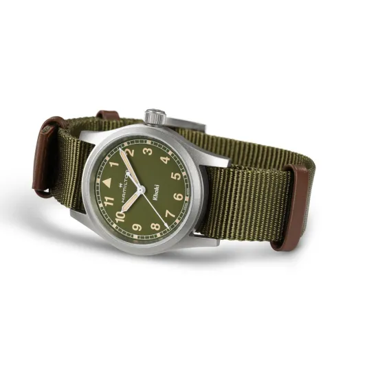 HAMILTON Armbanduhr Khaki Field 33 mm silberfarben Textilband olivegrün H69301960