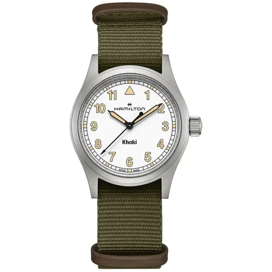 HAMILTON Armbanduhr Khaki Field 38 mm weiss silberfarben Textilband olivegrün H69401910