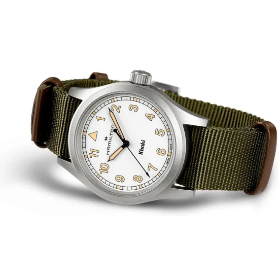 HAMILTON Armbanduhr Khaki Field 38 mm weiss silberfarben Textilband olivegrün H69401910