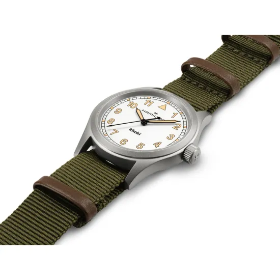 HAMILTON Armbanduhr Khaki Field 38 mm weiss silberfarben Textilband olivegrün H69401910