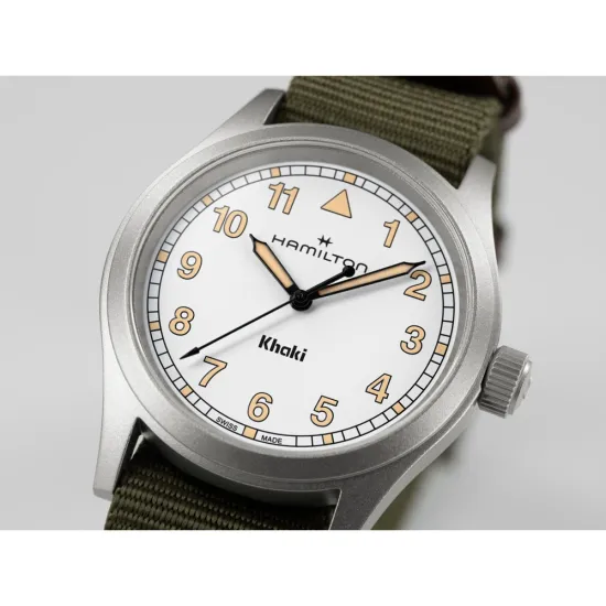 HAMILTON Armbanduhr Khaki Field 38 mm weiss silberfarben Textilband olivegrün H69401910