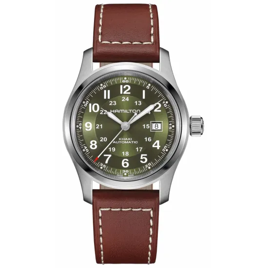 HAMILTON Herrenuhr Khaki Field Automatik grün Lederband braun 42 mm H70605560