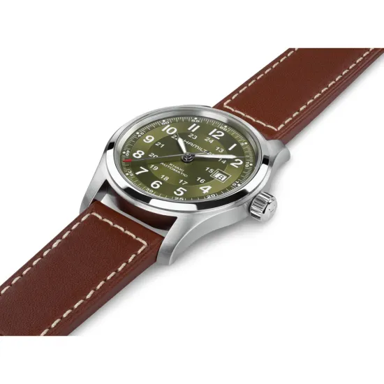 HAMILTON Herrenuhr Khaki Field Automatik grün Lederband braun 42 mm H70605560
