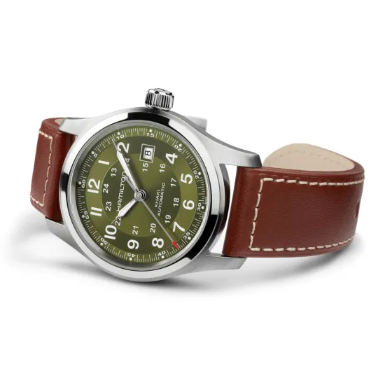 HAMILTON Herrenuhr Khaki Field Automatik grün Lederband braun 42 mm H70605560