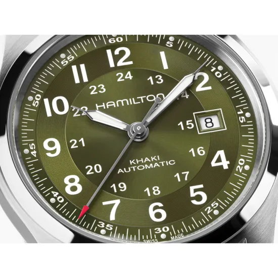 HAMILTON Herrenuhr Khaki Field Automatik grün Lederband braun 42 mm H70605560