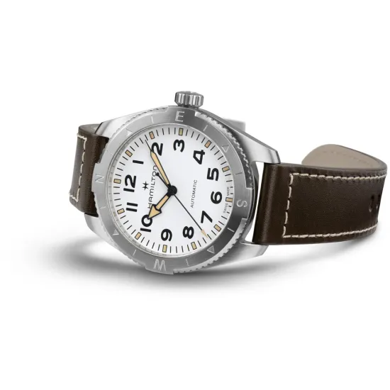 HAMILTON Khaki Field Expedition Automatik 41mm silberfarben weiss Lederband braun H70315510