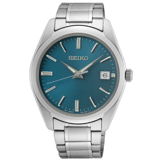 Seiko Herrenuhr mit Edelstahlband Zifferblatt hellblau silberfarben Saphirglas SUR525P1