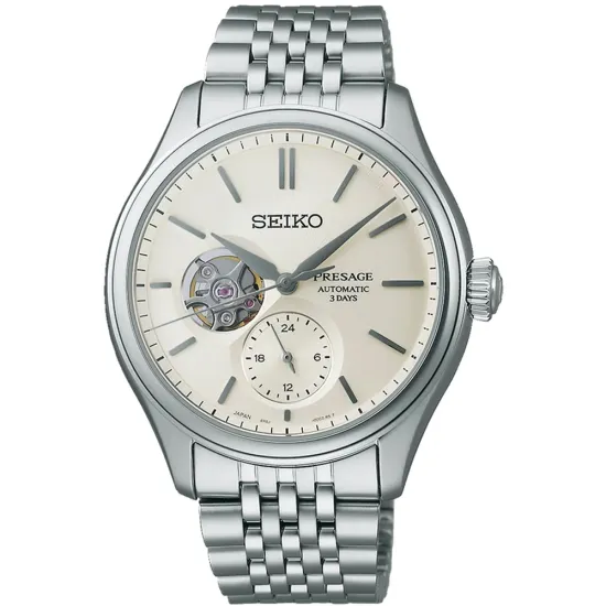 Seiko Presage Automatikuhr Shiro-iro silberfarben creme Open Heart SPB469J1