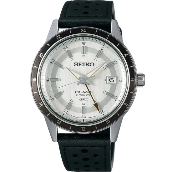 Seiko Presage GMT Automatikuhr silberfarben mit schwarzem Lederband SSK011J1