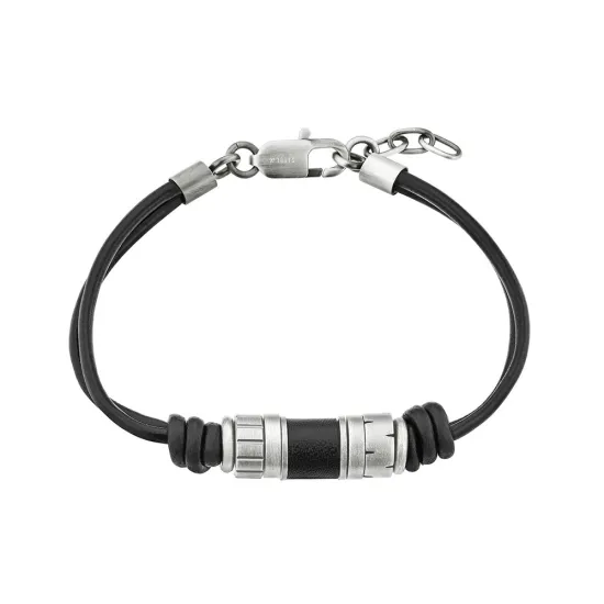 s.Oliver Herrenarmband Lederband schwarz silberfarben mit Beads Details 2038007