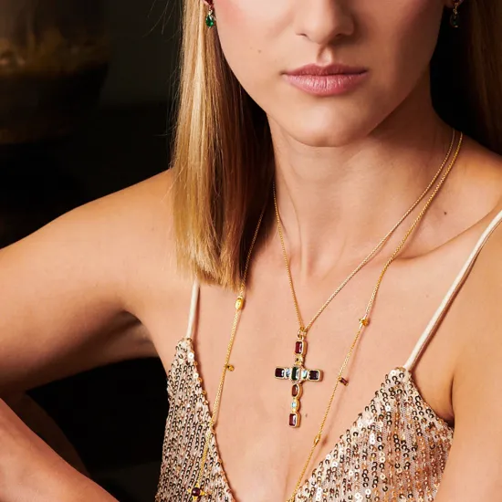 Thomas Sabo Anhänger Kreuz mit bunten Steinen goldfarben Silber 925 PE859-295-7