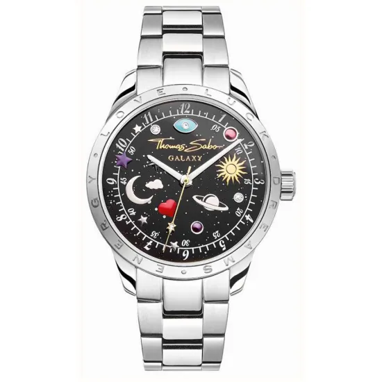 Thomas Sabo Damenuhr silberfarben schwarz mit kosmischem Zifferblatt WA0402-201-203-34MM