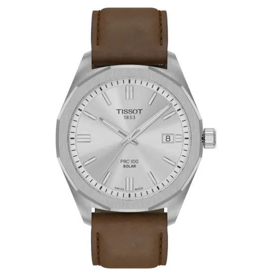 Tissot Herrenuhr PRC 100 Solar Quarz silberfarben Lederband braun 39 mm T151.422.16.031.00
