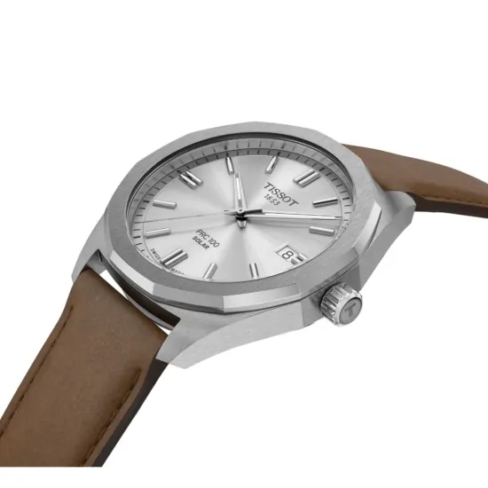 Tissot Herrenuhr PRC 100 Solar Quarz silberfarben Lederband braun 39 mm T151.422.16.031.00