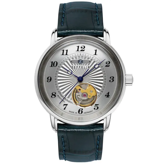 Zeppelin Damenuhr Automatik mit blauem Lederband und offener Unruh 8567-1