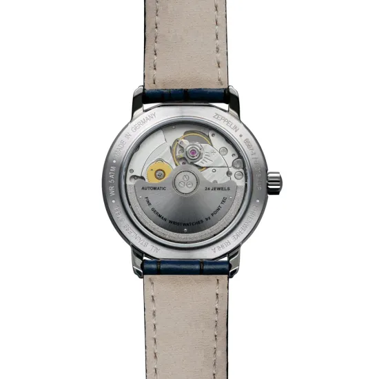 Zeppelin Damenuhr Automatik mit blauem Lederband und offener Unruh 8567-1